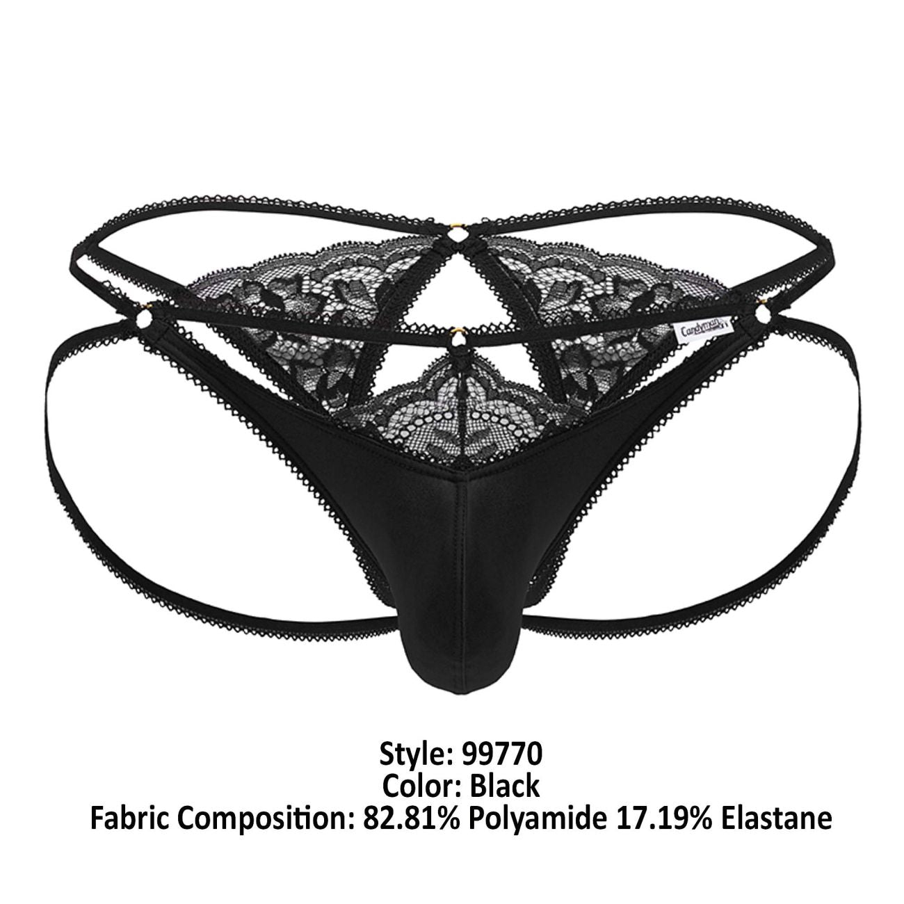 Black lace-trimmed thong with floral pattern and adjustable straps from candyman 99770 lace jock thongs in black