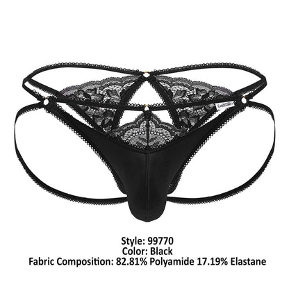 Black lace-trimmed thong with floral pattern and adjustable straps from candyman 99770 lace jock thongs in black