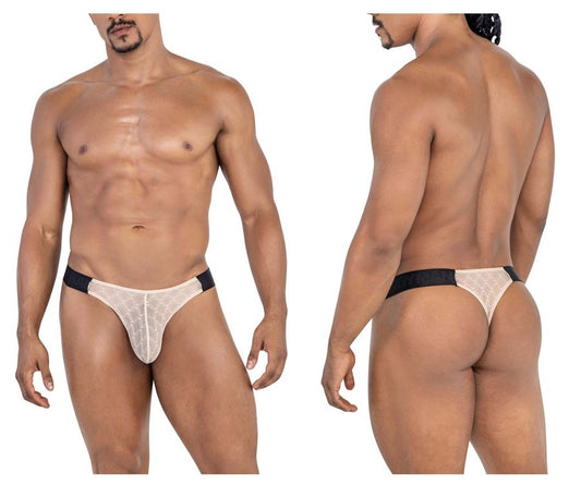 Beige lace thong with black elastic waistband mesh design from candyman 99771 collection front view