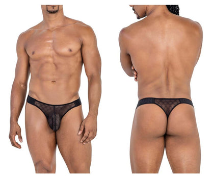 Black sheer mesh thong candyMan 99771 with solid waistband and subtle pattern detailing, front view