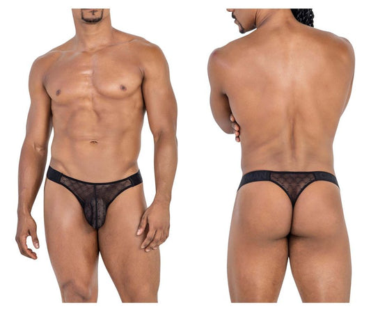 Black sheer mesh thong candyMan 99771 with solid waistband and subtle pattern detailing, front view