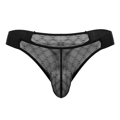 Black lace thong CandyMan 99771 with diamond-patterned mesh design and solid fabric waistband in black color