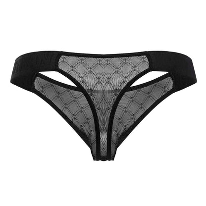 Black lace thong candyMan 99771 with diamond-patterned mesh and solid elastic waistband in black color
