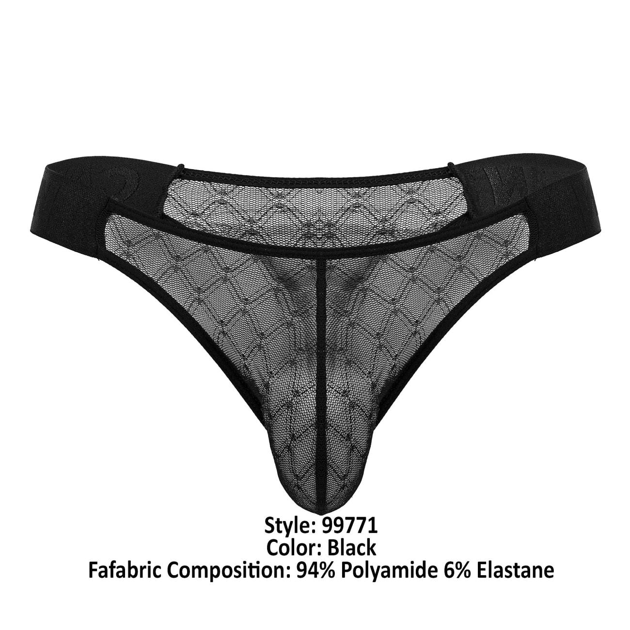 Black lace thong candyMan 99771 with diamond-patterned mesh design and elastic waistband in black color