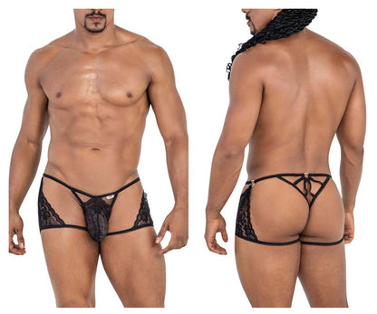 Black candyMan 99773 lace thong with sheer mesh design and adjustable back ties shown from the back side