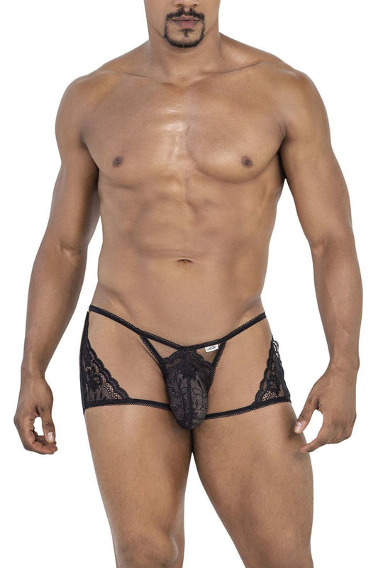 Black lace thong candyMan 99773 with intricate floral patterns and central mesh panel in black color