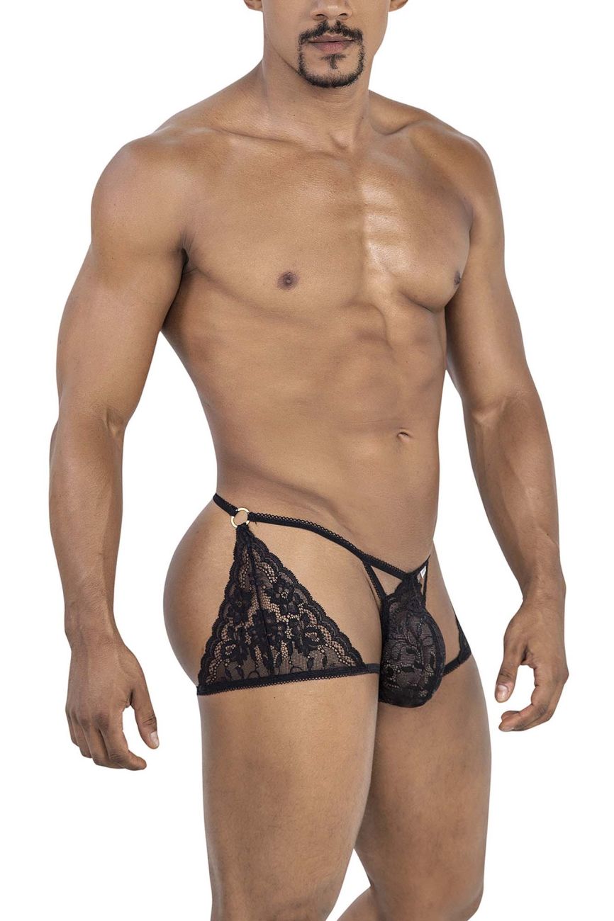 Black lace thong candyMan 99773 with intricate floral patterns and gold-toned metal clasp in black color