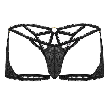 Back view of candyman 99773 lace trunks thong in black featuring intricate floral lace and a central metal ring