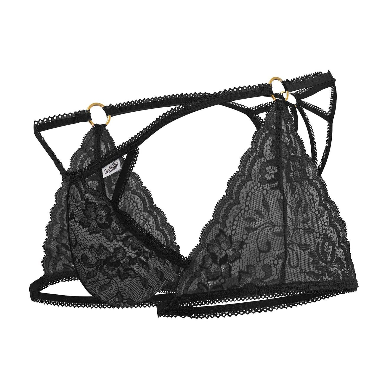 Black lace triangle bra with gold-toned metal rings and adjustable straps from candyman 99773 lace trunks thongs