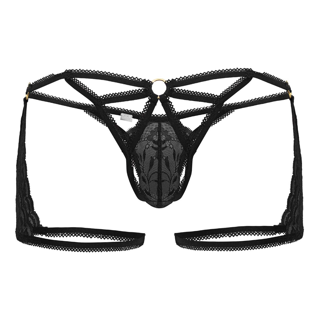 Black lace thong CandyMan 99773 with intricate floral patterns and central circular metal ring in black color