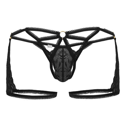 Black lace thong CandyMan 99773 with intricate floral patterns and central circular metal ring in black color
