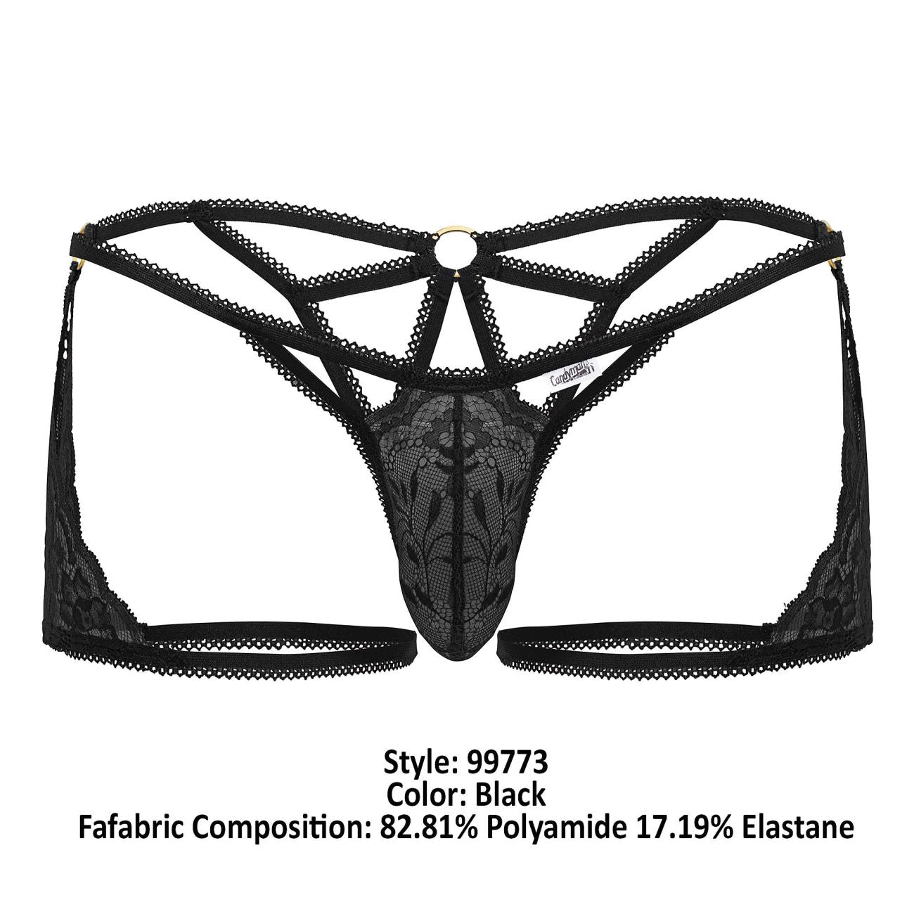 Black lace thong trunks candyman 99773 showing back with intricate floral patterns and central metal ring