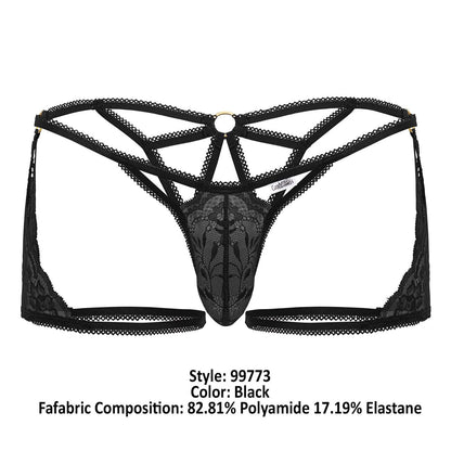 Black lace thong trunks candyman 99773 showing back with intricate floral patterns and central metal ring