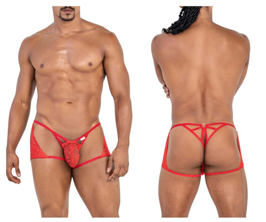 Red lace thong candy man 99773 with crisscross design and back straps shown from the back side