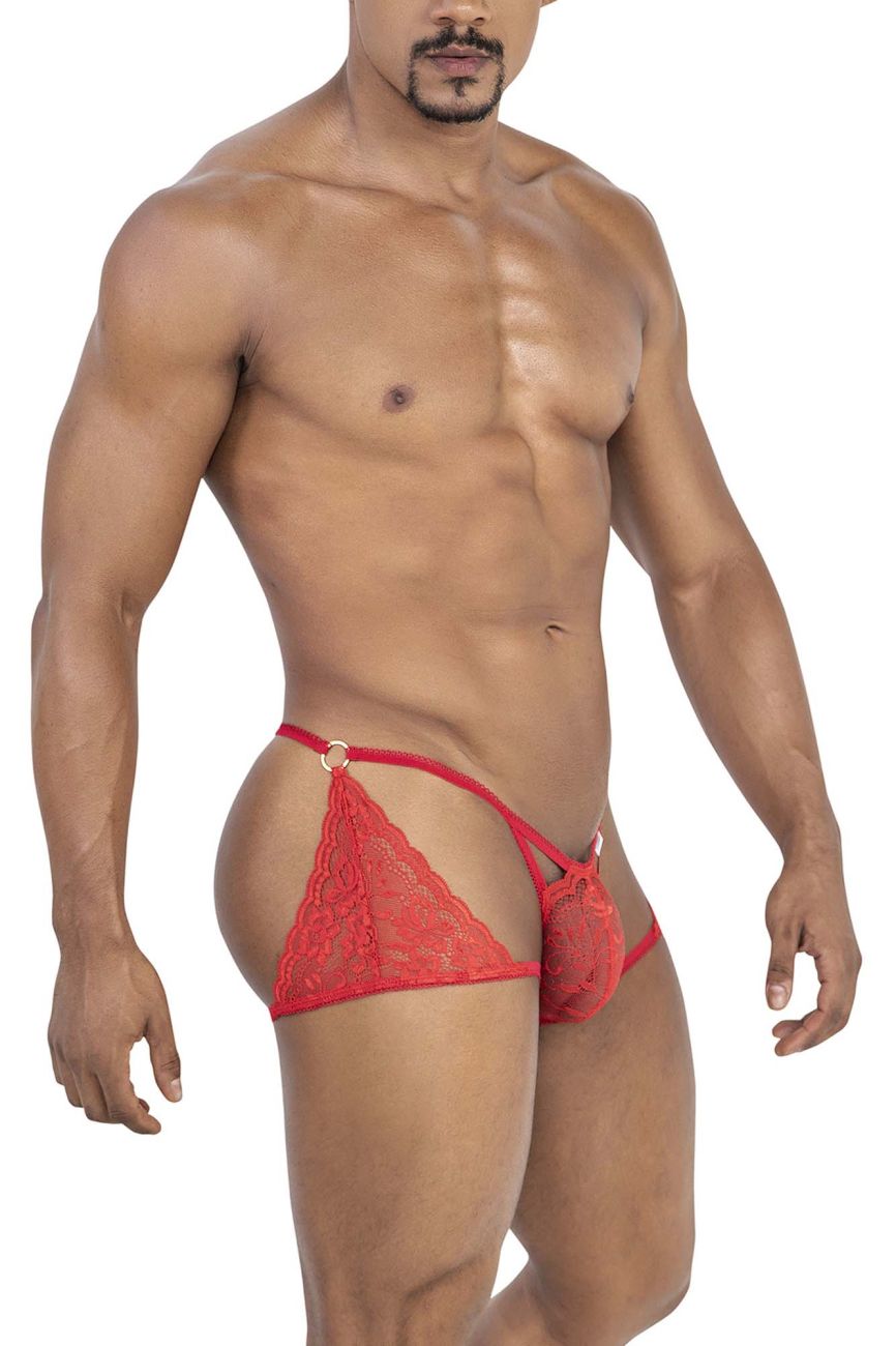 Red lace thong candy man 99773 with scalloped edges and circular metal ring at the back in red color