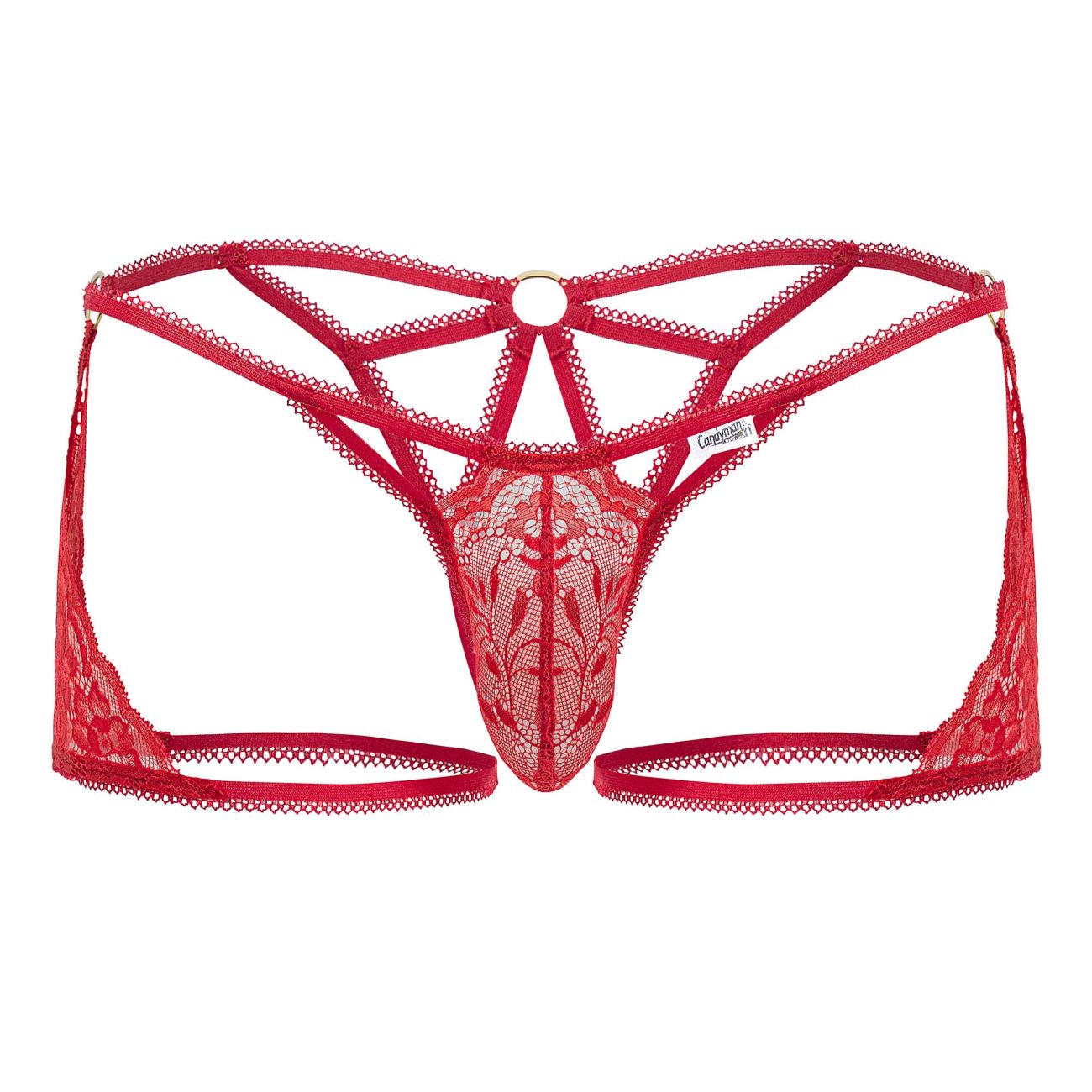 Back view of candyman 99773 red lace thong with intricate floral patterns and central circular ring detail