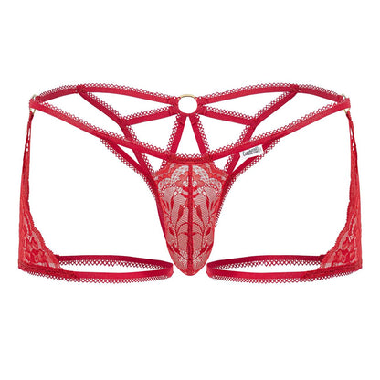 Back view of candyman 99773 red lace thong with intricate floral patterns and central circular ring detail