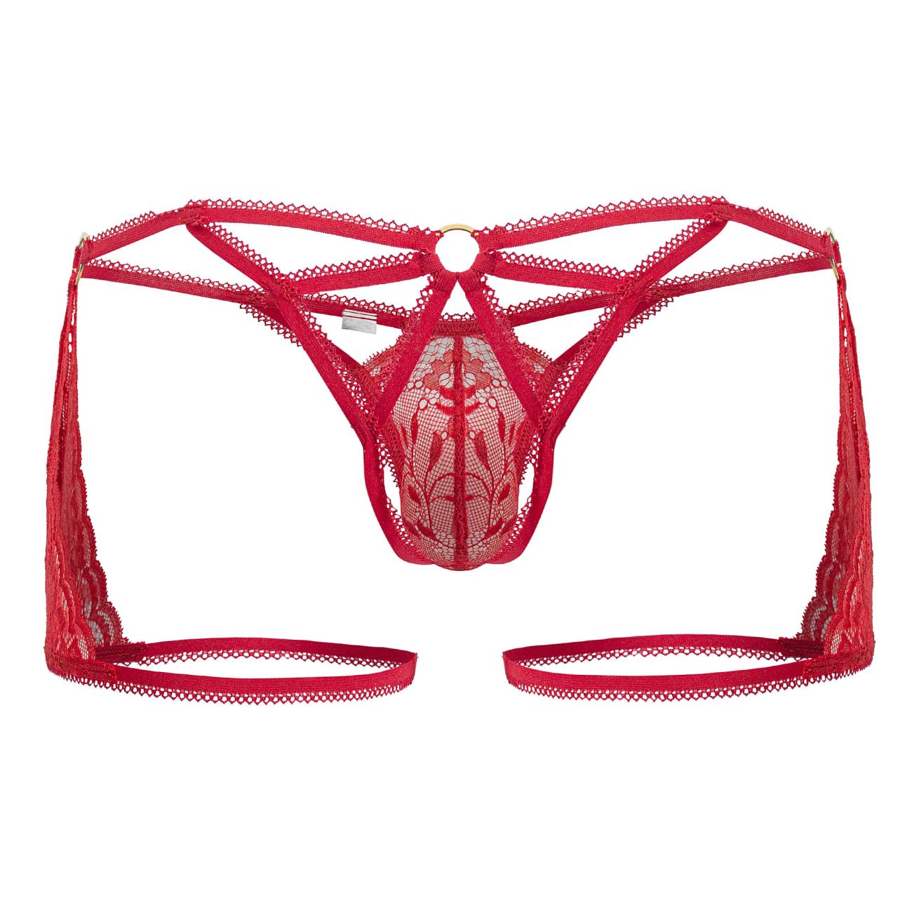 Red lace thong CandyMan 99773 with intricate floral patterns and adjustable straps in vibrant red color
