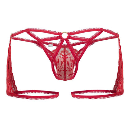 Red lace thong CandyMan 99773 with intricate floral patterns and adjustable straps in vibrant red color