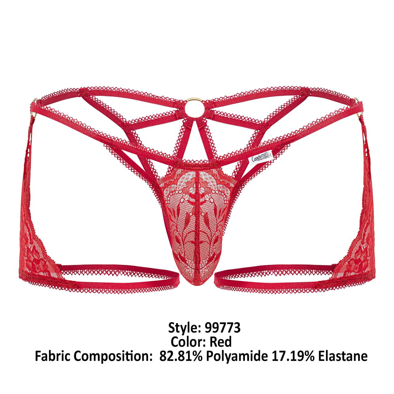 Red lace thong candyMan 99773 with intricate floral patterns and a central circular metal ring in red color