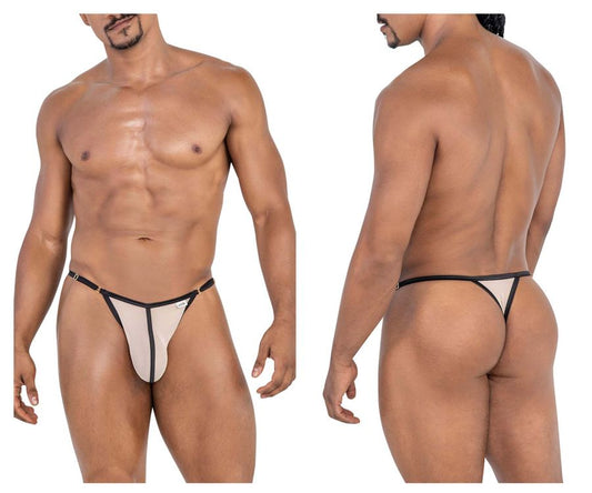 CandyMan 99776 beige mesh thong with sleek minimalist design in black and beige shown from the back side