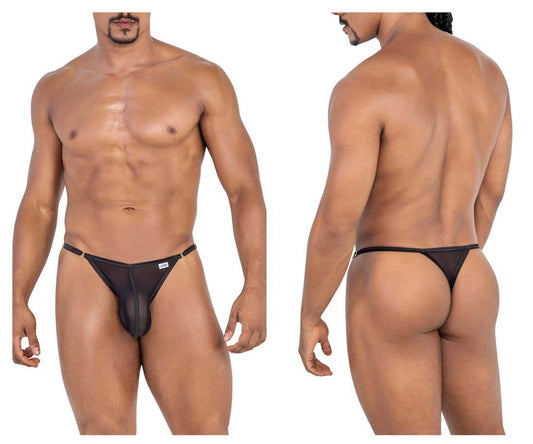 Black sheer mesh thong candyMan 99776 with a white logo on the sideband showing the back side of the product