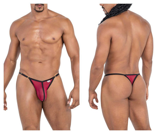 CandyMan 99776 mesh thong in burgundy featuring a sleek, form-fitting design in red and black shown from the back
