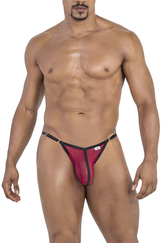 A sleek candyMan 99776 mesh thong in burgundy with a sheer maroon and black front panel