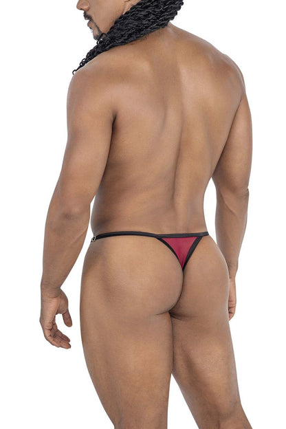 CandyMan 99776 burgundy mesh thong with black trim and a subtle metallic buckle, shown from the back side