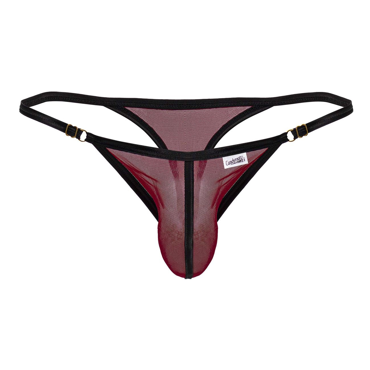 Black and maroon candyMan 99776 mesh thong with adjustable straps and gold-tone clasps in burgundy color
