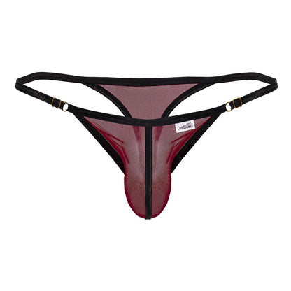 Black and maroon candyMan 99776 mesh thong with adjustable straps and gold-tone clasps in burgundy color
