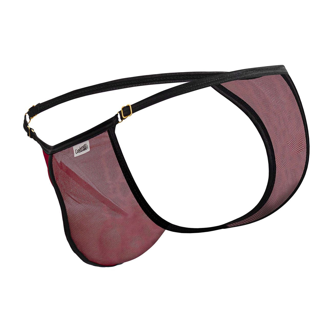 Maroon mesh men’s brief with black trim and gold-tone hardware from candyman 99776 mesh thongs burgundy collection