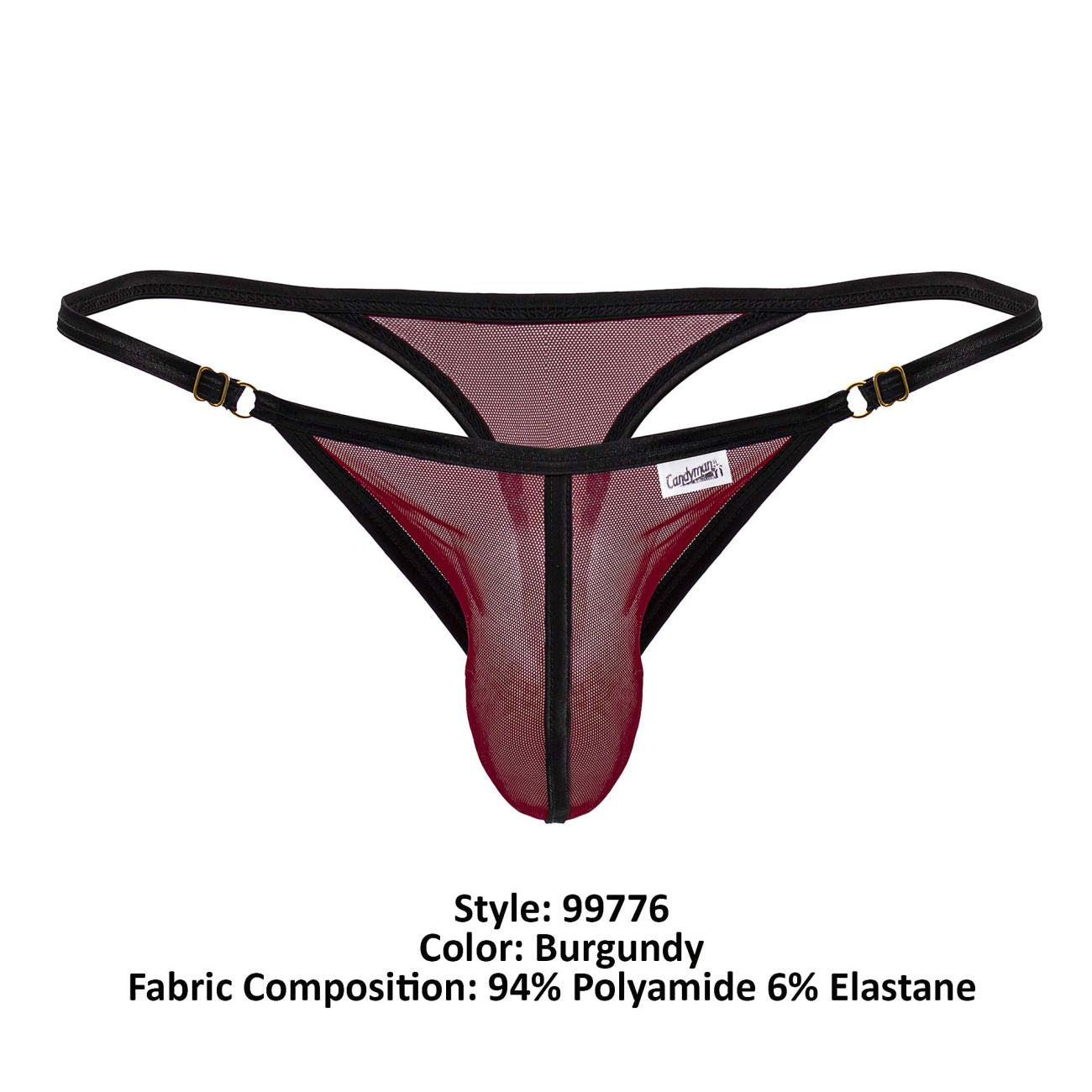 Burgundy mesh thong with black trim and gold-tone hardware candyMan 99776 mesh thong for stylish comfort