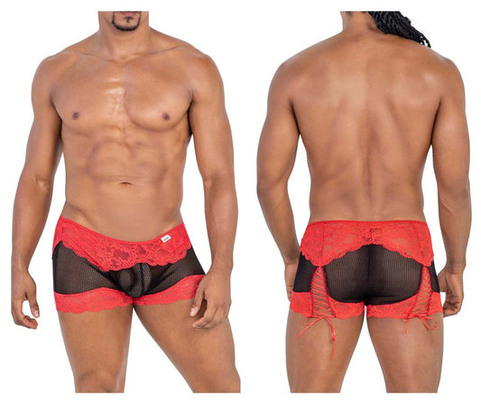 CandyMan 99779 mesh lace trunks in black and red featuring lace trim, mesh panels, and side ties briefs design