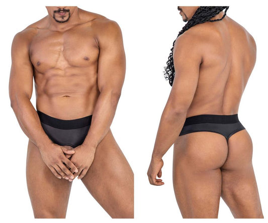 Black CandyMan 99781 Protuder thong underwear with solid smooth fabric and a snug fit showing the back side