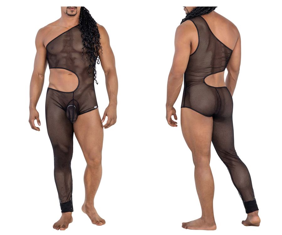 Black mesh candyMan 99787 one shoulder one leg bodysuit with side and back cutouts shown from the back