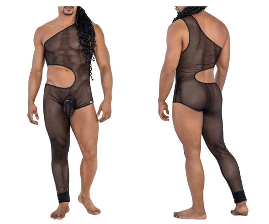 Black mesh candyMan 99787 one shoulder one leg bodysuit with side and back cutouts shown from the back