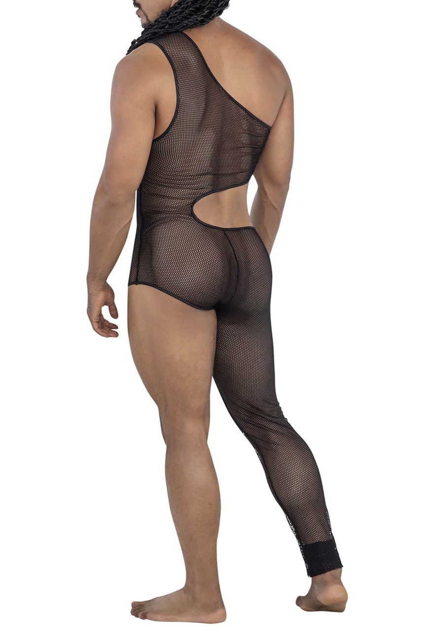 Black mesh candyMan 99787 one shoulder one leg bodysuit with back cutout and solid black cuffs shown from the back