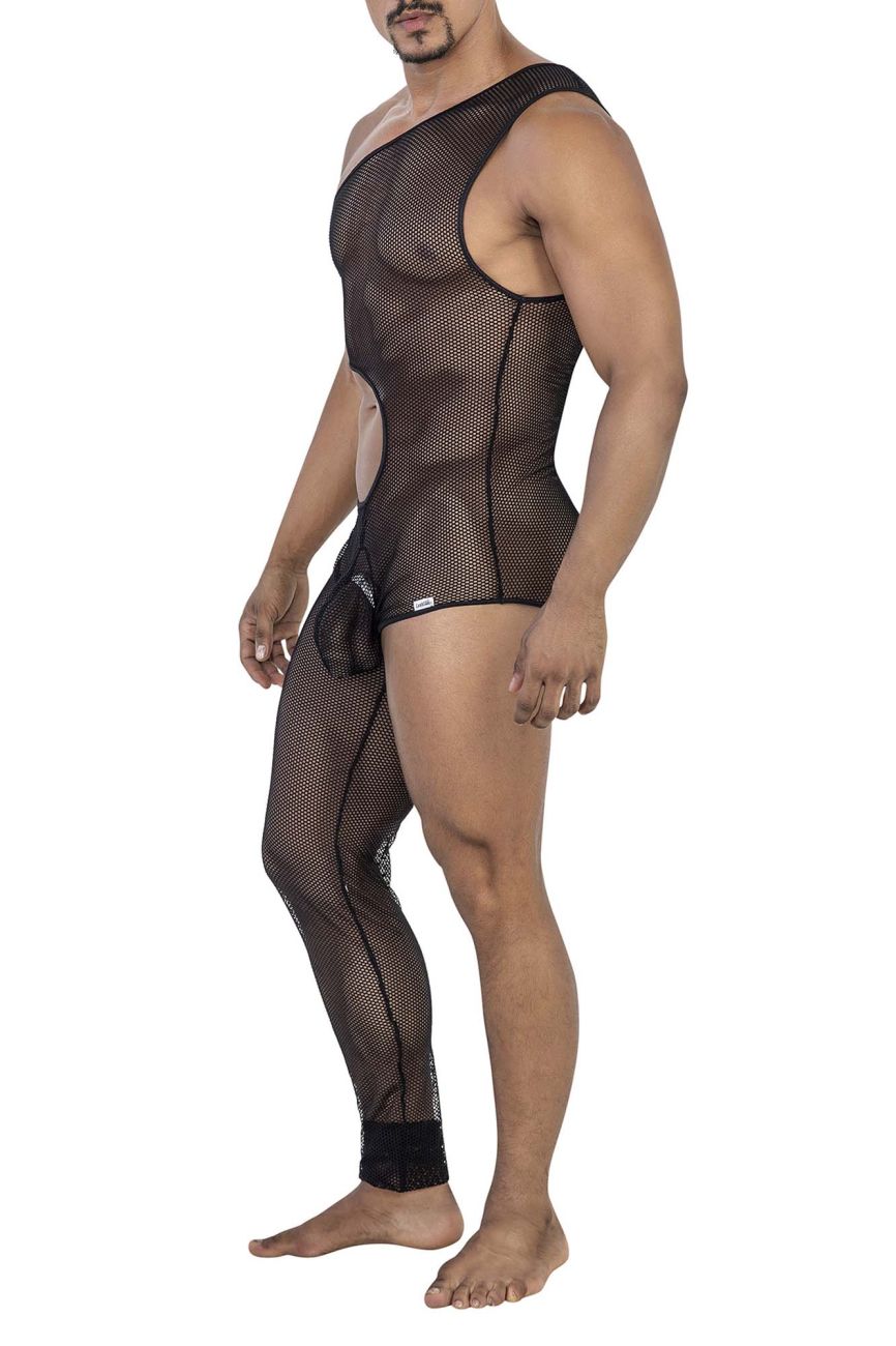 Black mesh candy man 99787 one shoulder one leg bodysuit with side cutouts and single strap