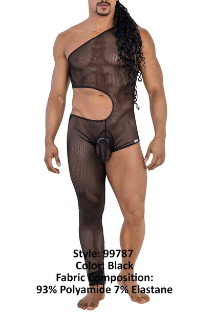 Black candyMan 99787 one shoulder mesh bodysuit with side cutout and integrated pouch for bold fashion looks