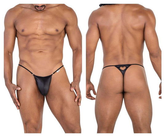 Black thong candy man 99789 with heart-shaped cutout at back and thin adjustable straps visible from the back side