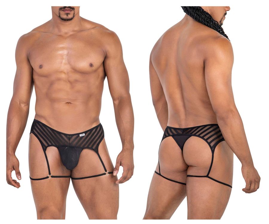 CandyMan 99792 black men’s garter belt with black mesh and solid fabric and adjustable straps visible from the back