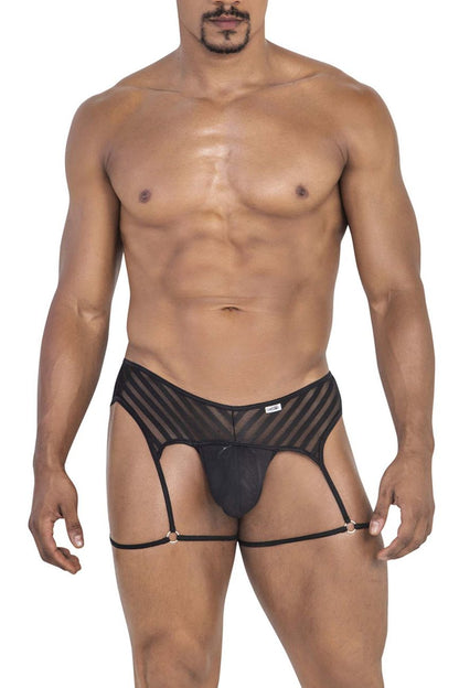 Candyman 99792 black mesh garter thongs with solid fabric briefs and a supportive strappy design shown from the back