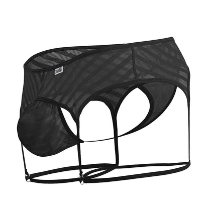 Candyman 99792 mesh garter thongs men’s underwear in black with supportive contoured design and adjustable straps