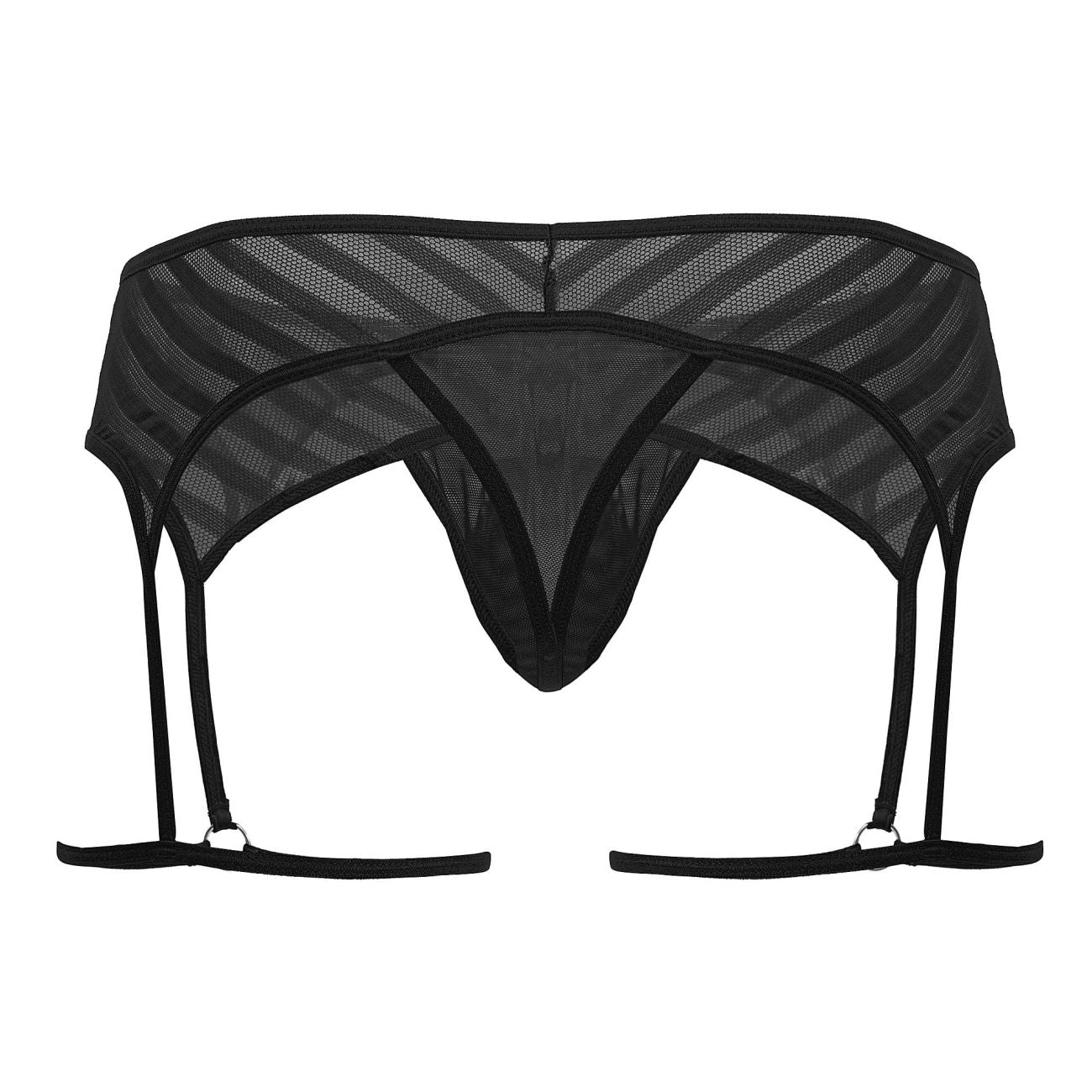 Black mesh CandyMan 99792 garter thong with four adjustable straps and central triangular design front view