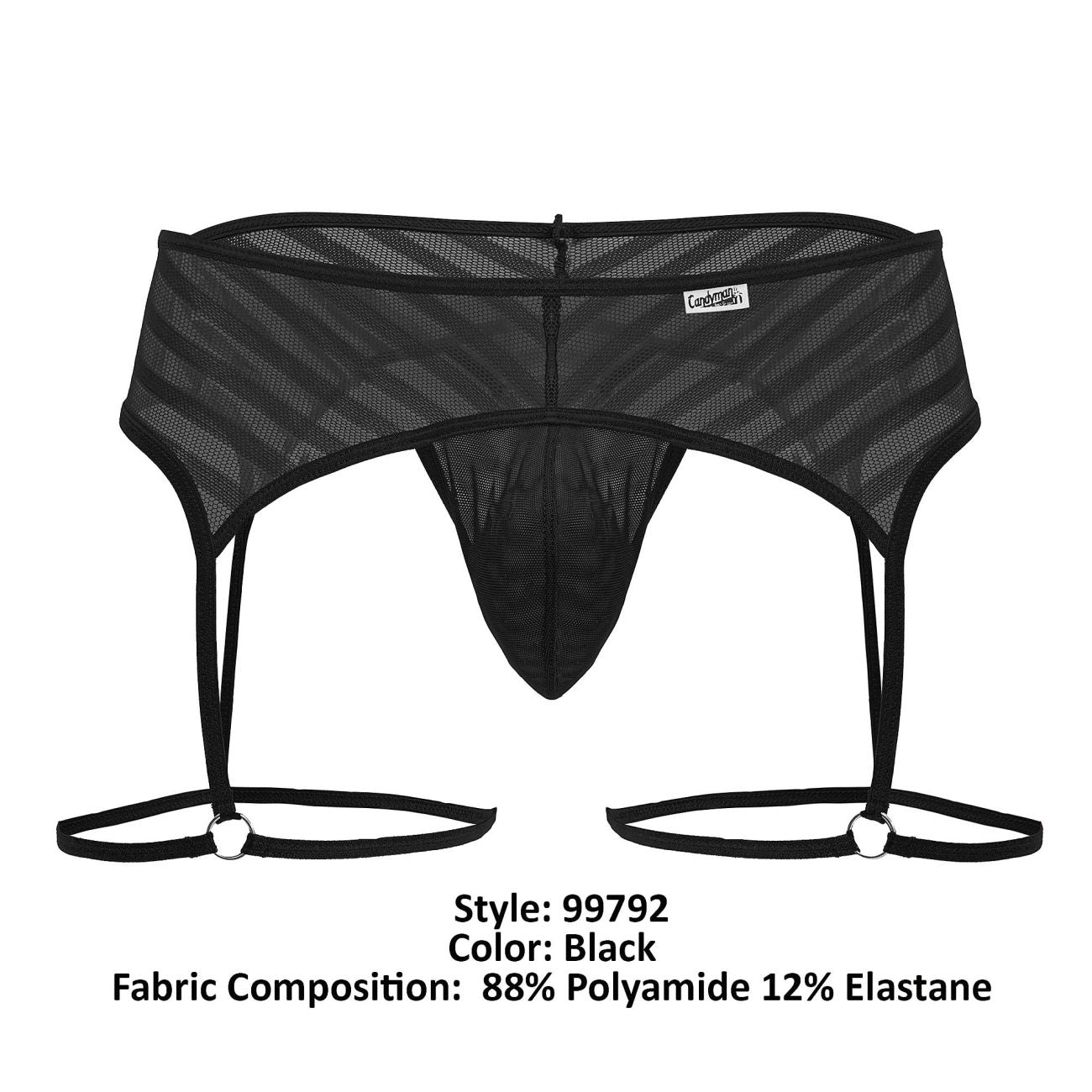 Black mesh men’s garter belt candyMan 99792 with diagonal striped pattern and adjustable straps