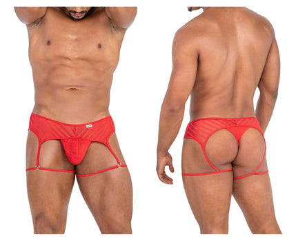 Red sheer mesh men’s briefs with garter straps and central pouch candyMan 99792 mesh garter thongs red