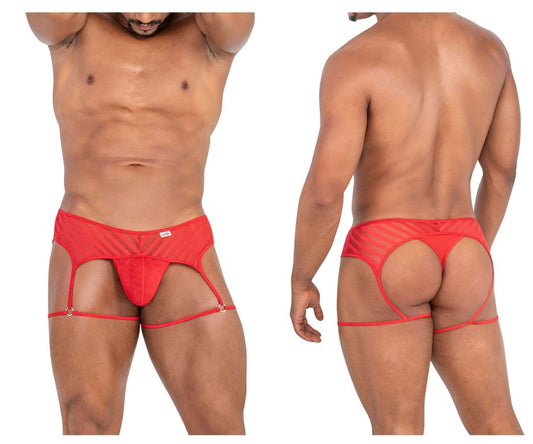 Red sheer mesh men’s briefs with garter straps and central pouch candyMan 99792 mesh garter thongs red