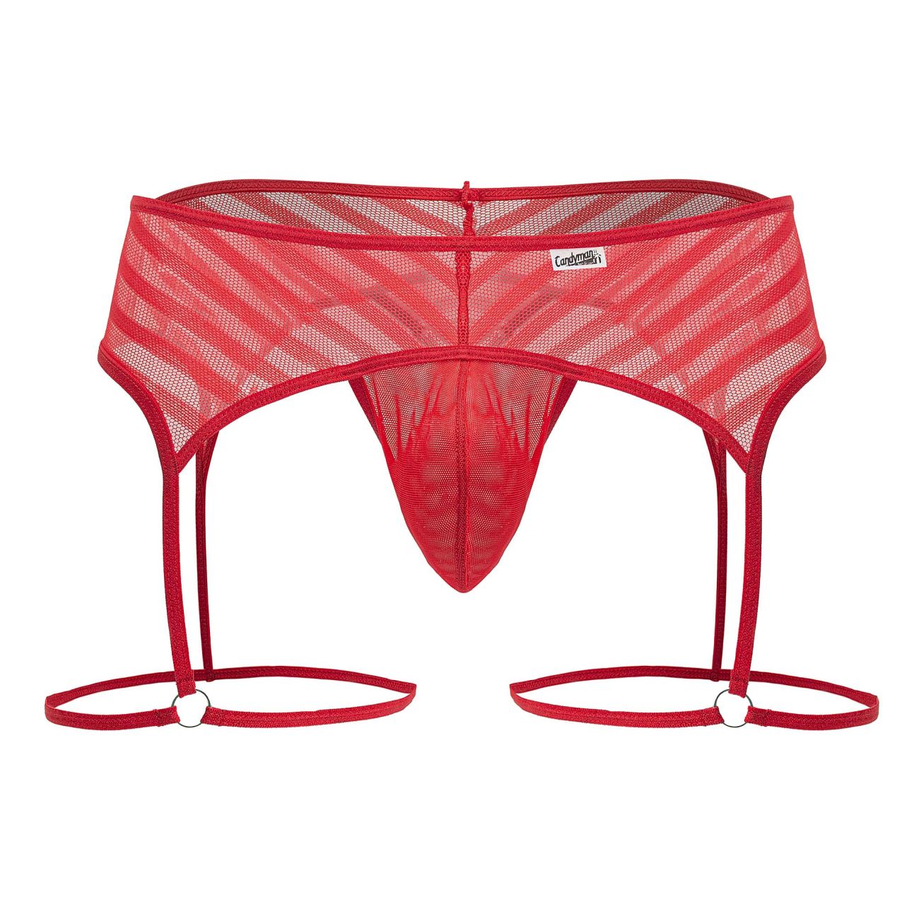 Red mesh thong candyMan 99792 with diagonal striped pattern and adjustable garter straps in red color