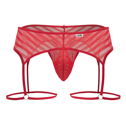 Red mesh thong candyMan 99792 with diagonal striped pattern and adjustable garter straps in red color